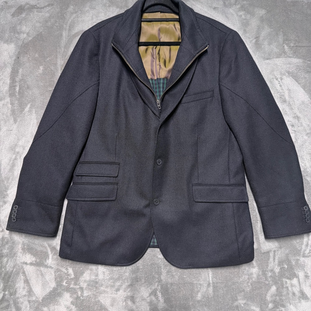 Q Mens Blazer Jacket 44R Navy Blue Zip Inset Wool Plaid Lining Textured Coat